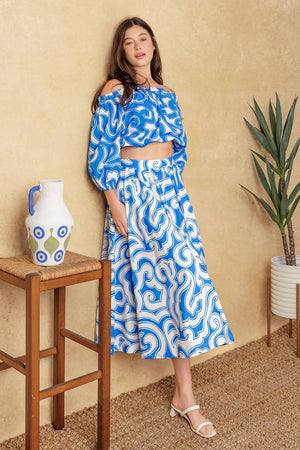 SUNSET SASHAY BLUE TOP AND SKIRT SET.