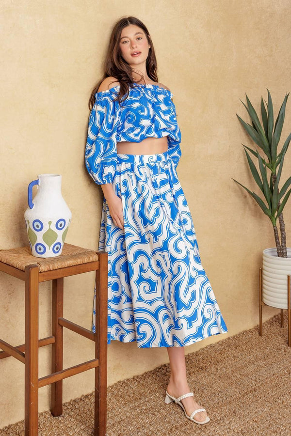 SUNSET SASHAY BLUE TOP AND SKIRT SET.