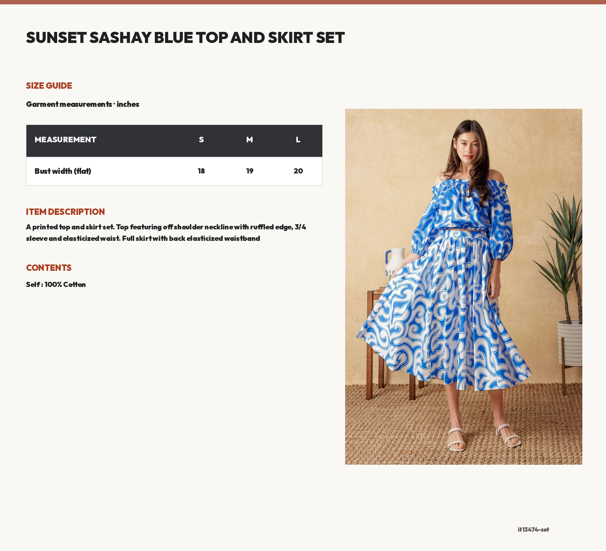 SUNSET SASHAY BLUE TOP AND SKIRT SET size chart