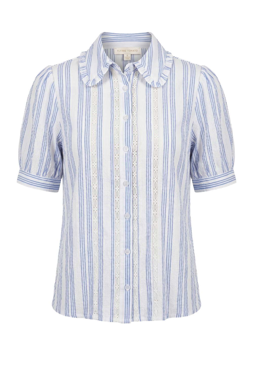 Blue and white striped button up top with lace detail on a white background | Flying Tomato