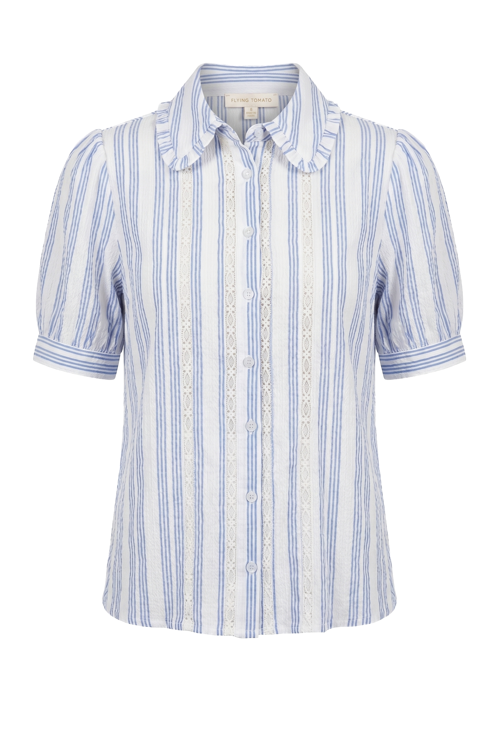 Blue and white striped button up top with lace detail on a white background | Flying Tomato