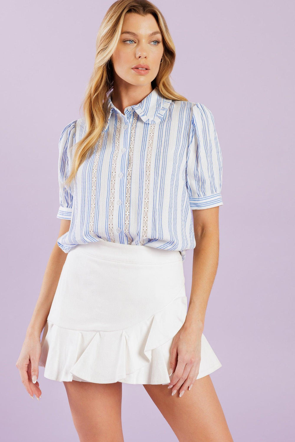 Blue and white striped button up top with lace detail on a white background | Flying Tomato
