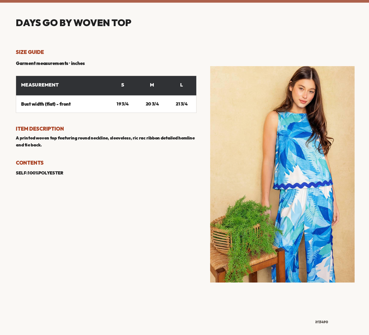 DAYS GO BY WOVEN TOP size chart