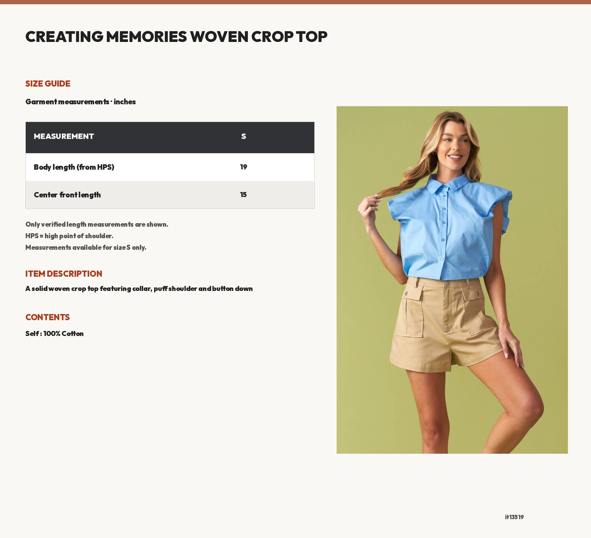 CREATING MEMORIES WOVEN CROP TOP size chart
