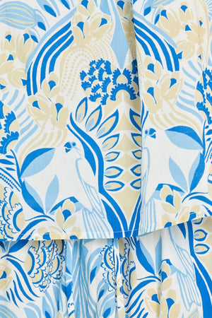 Close up of a blue with yellow printed woven top and short set | Flying Tomato