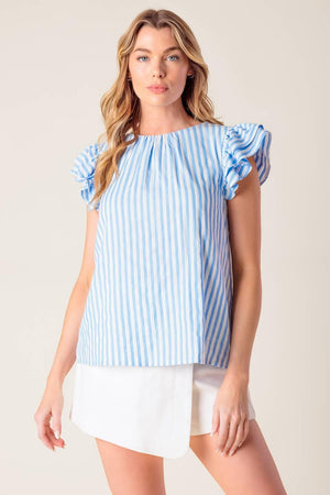 A blue and white textured woven top featuring round neckline, double layer ruffled sleeve and back neck button closure.