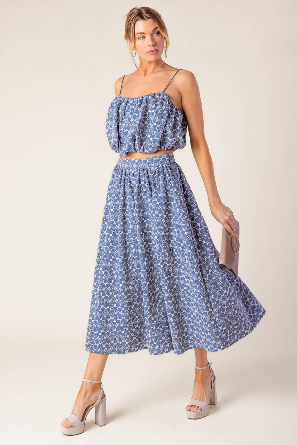 THE BEAUTY OF NOW WOVEN EYELET TOP AND SKIRT SET.