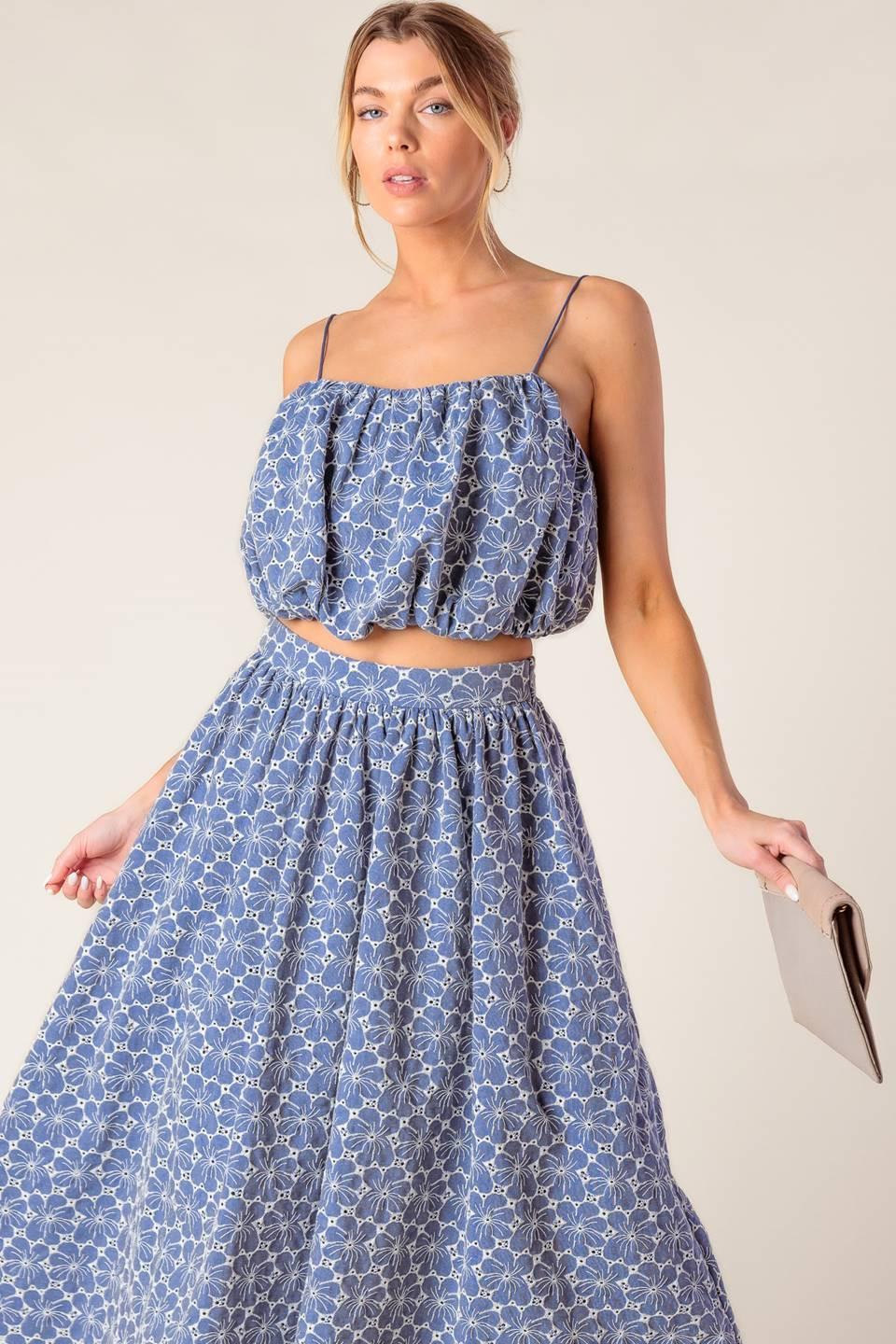 THE BEAUTY OF NOW WOVEN EYELET TOP AND SKIRT SET.