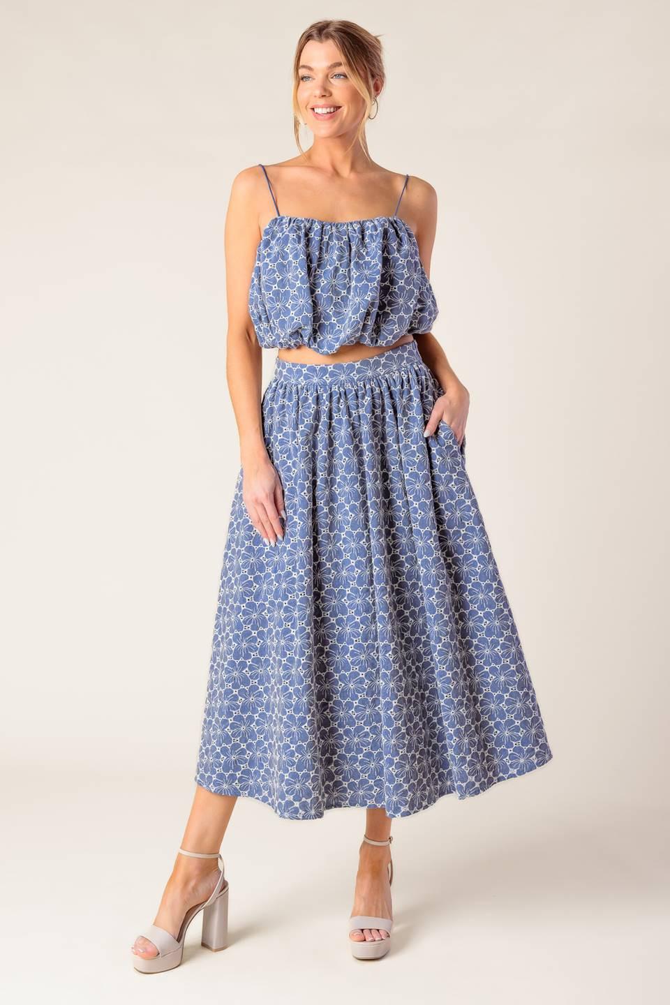 THE BEAUTY OF NOW WOVEN EYELET TOP AND SKIRT SET.