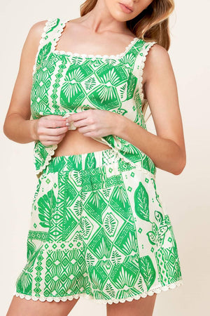 LANE SECRET GARDEN WOVEN TOP AND SHORTS SET.