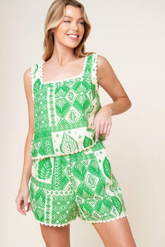 LANE SECRET GARDEN WOVEN TOP AND SHORTS SET.