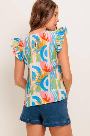 A printed woven top featuring round neckline, double ruffled sleeve and back keyhole button closure