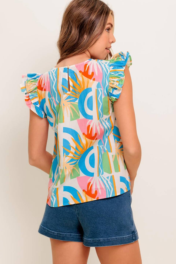 A printed woven top featuring round neckline, double ruffled sleeve and back keyhole button closure