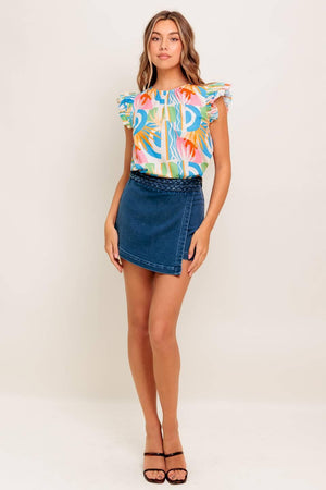 A printed woven top featuring round neckline, double ruffled sleeve and back keyhole button closure