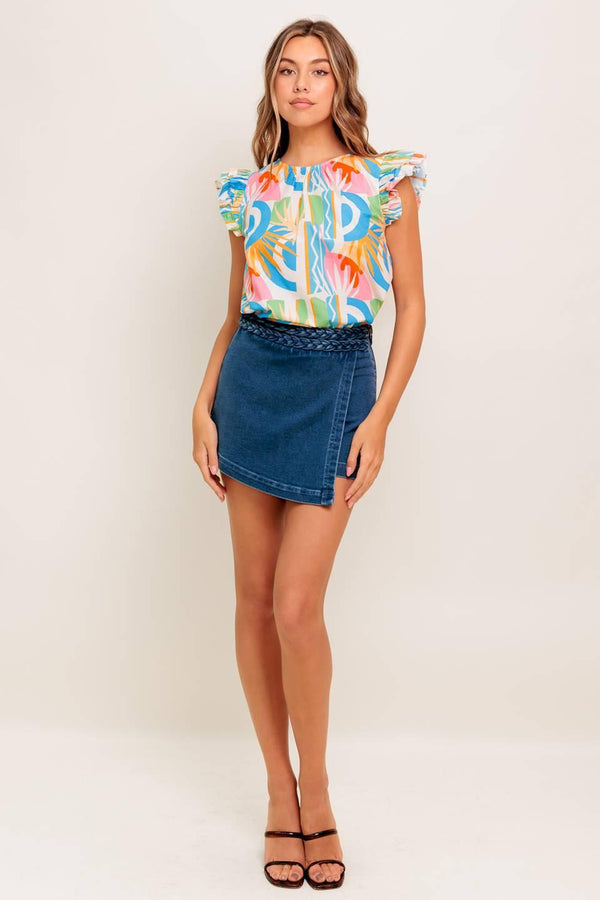 A printed woven top featuring round neckline, double ruffled sleeve and back keyhole button closure