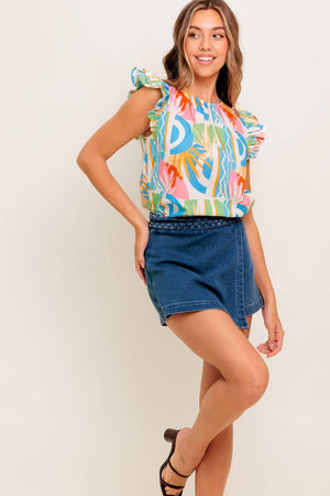 A printed woven top featuring round neckline, double ruffled sleeve and back keyhole button closure