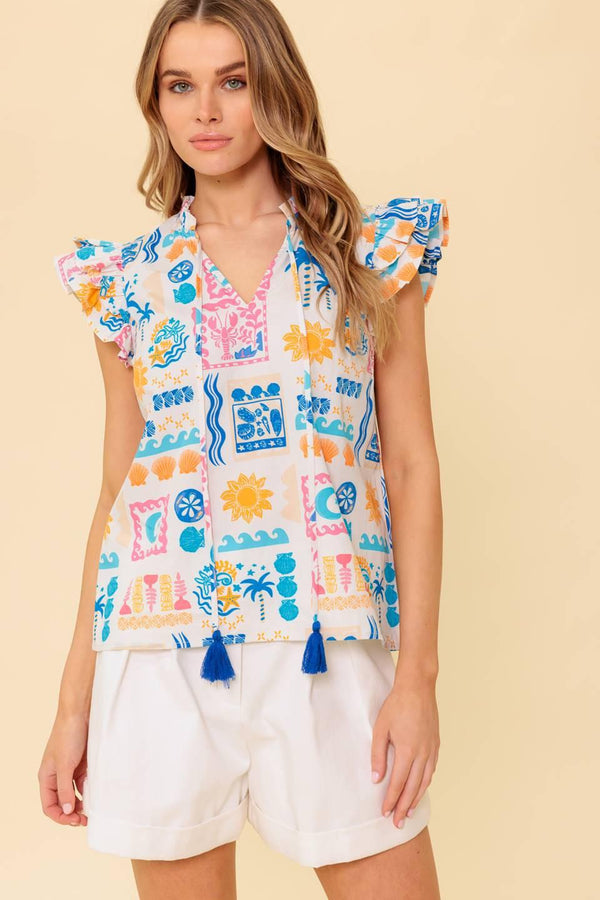 A printed woven top featuring ruffled neckline with front tie and double ruffled sleeve