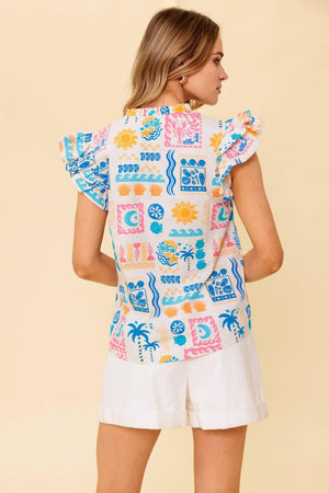 A printed woven top featuring ruffled neckline with front tie and double ruffled sleeve