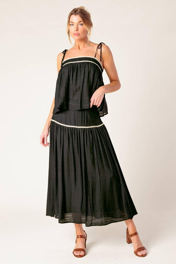 DIVIDE AND CONTOUR WOVEN TOP AND SKIRT SET.