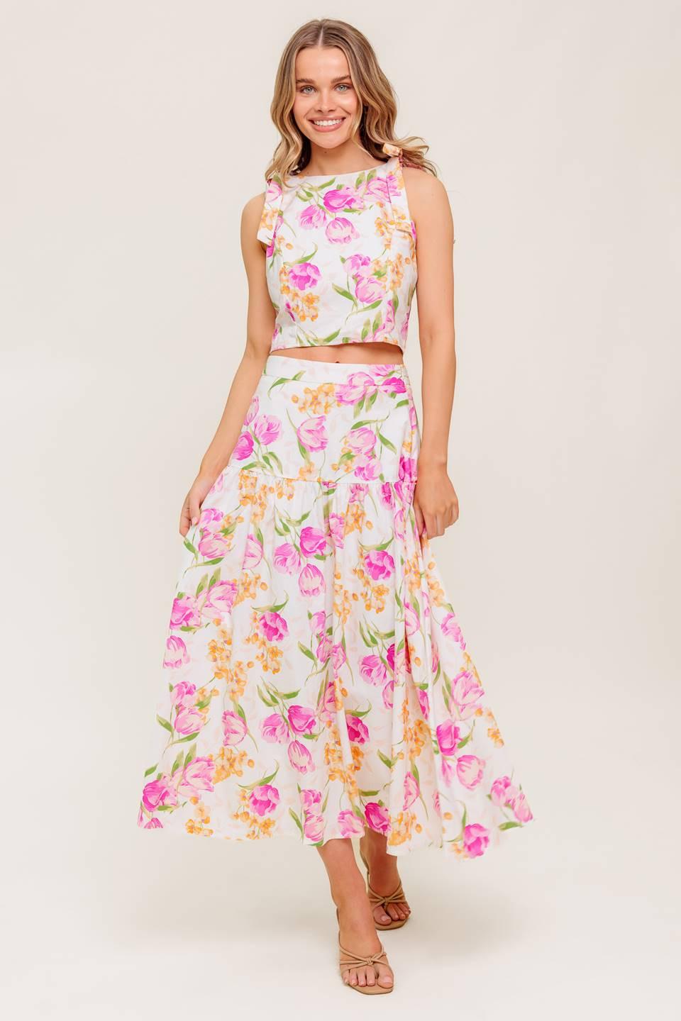 BOTANICAL BLISS WOVEN TOP AND SKIRT SET.