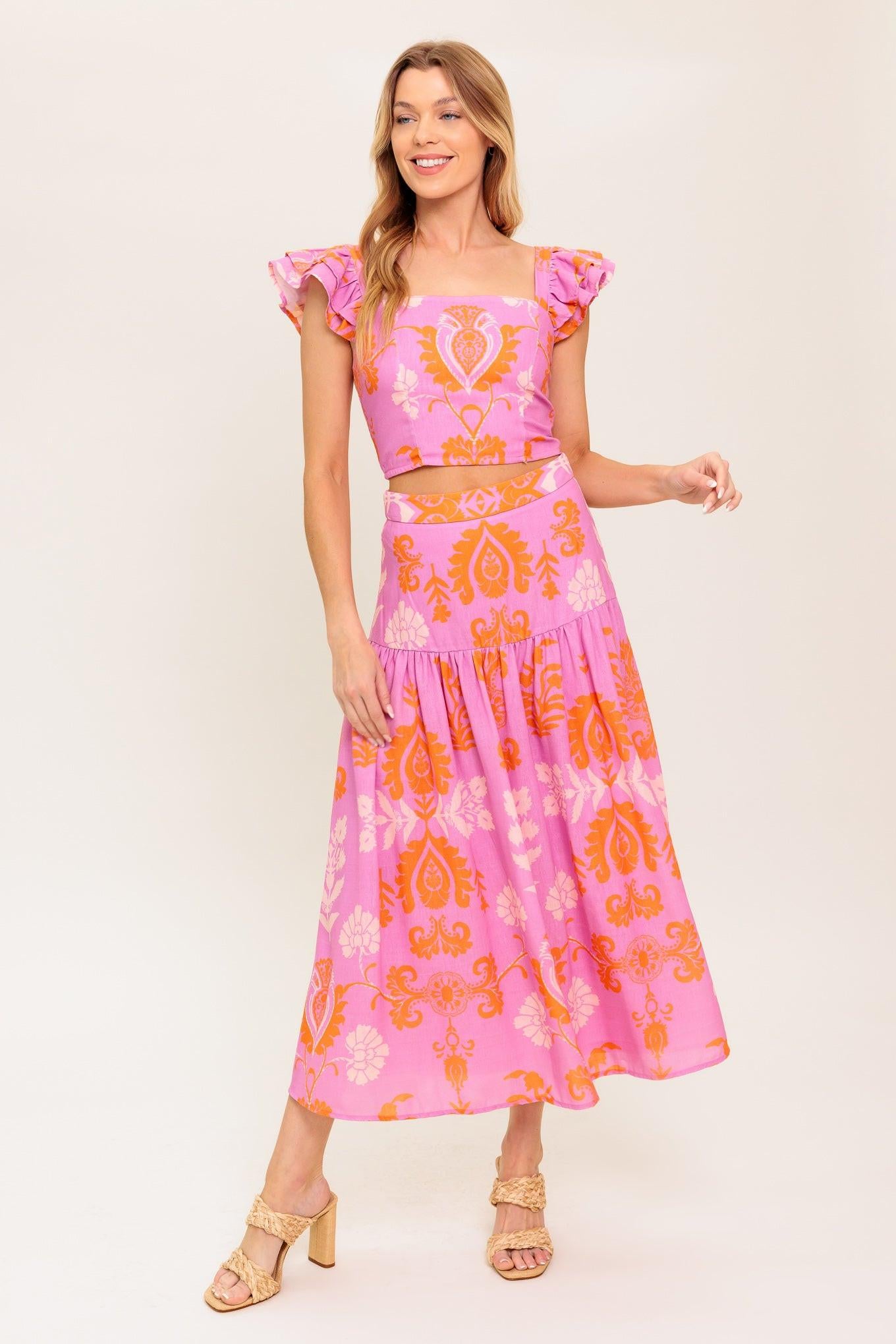 DISTANT SUN WOVEN TOP AND SKIRT SET.