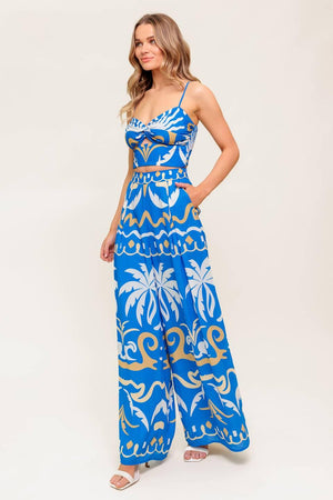 EVENING BLUE WOVEN CROP TOP AND PANT SET.