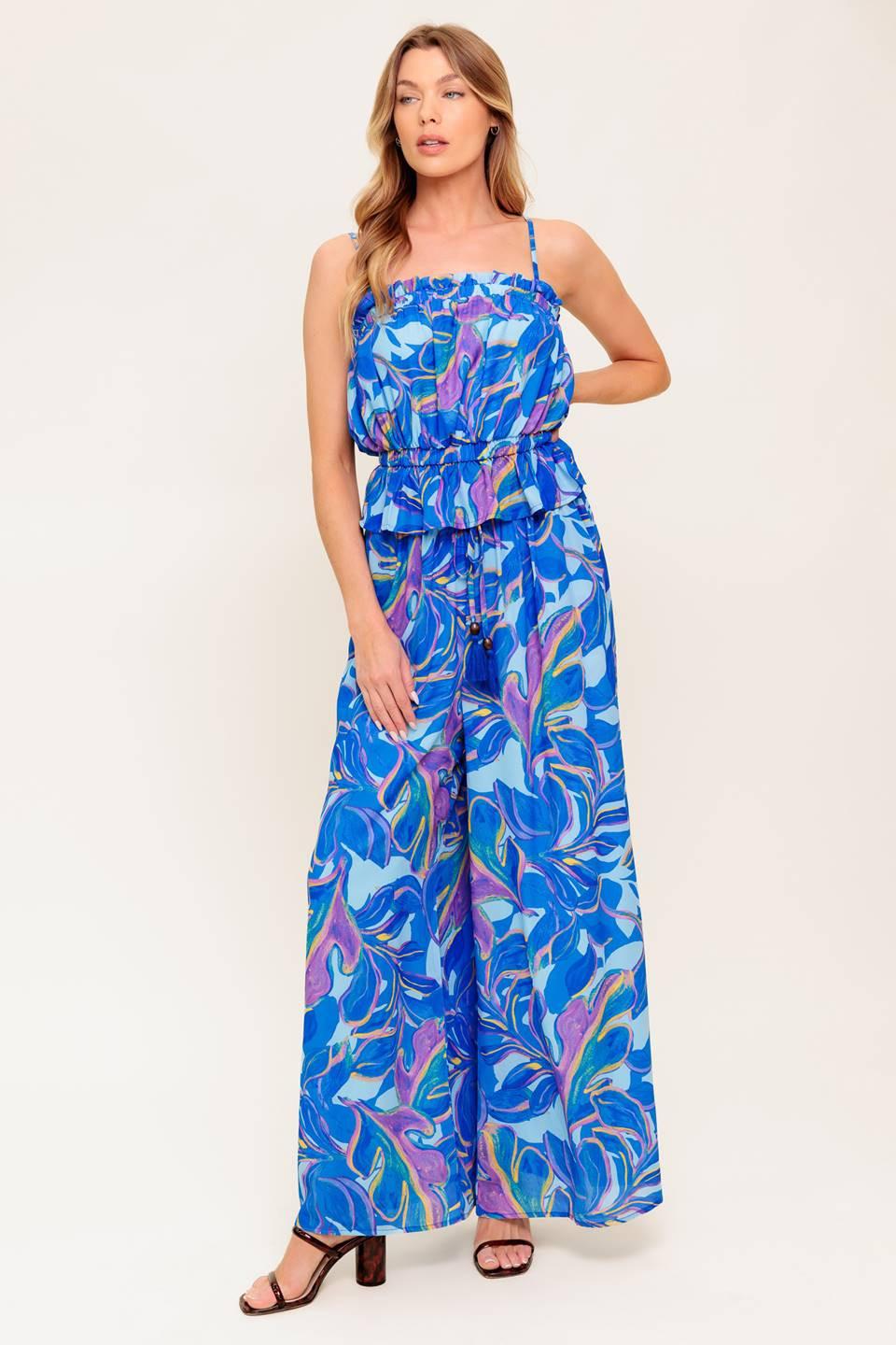 CHERISHED KISS BLUE WOVEN TOP AND PANTS SET.