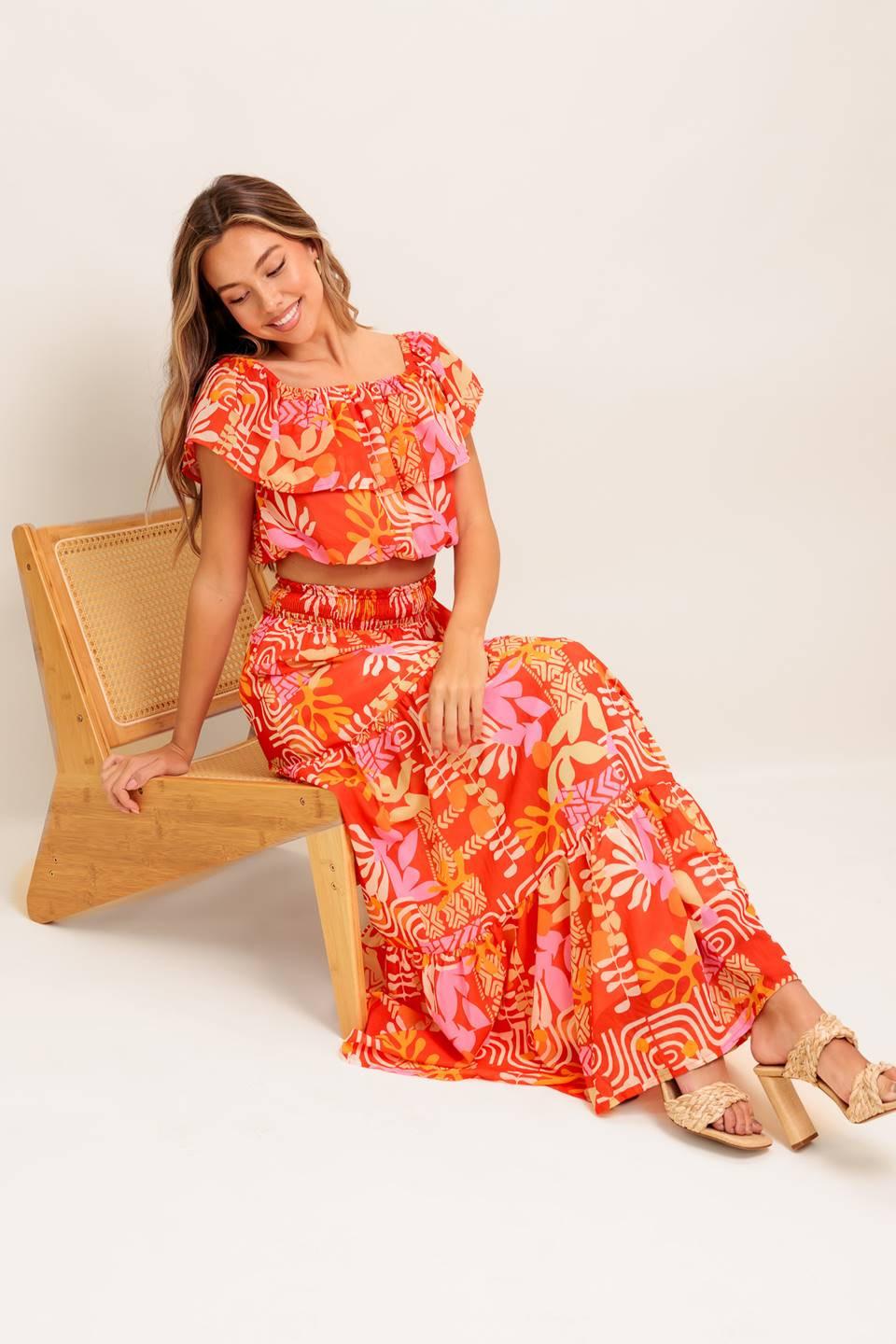 FAINT SUNBEAM RED WOVEN TOP AND SKIRT SET.