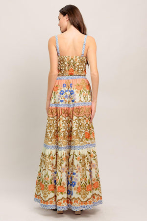 A printed woven bustier top and tiered maxi skirt set

Details:

Self: 100% Cotton
Lining: 100% Polyester

Size & Fit

- Model is 5`8" And Wearing Size Small
- Measurements Taken From Size Small
- Approx. Length: 17" Top
- Approx. Length: 43" Bottom