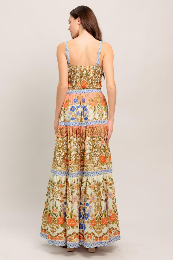 A printed woven bustier top and tiered maxi skirt set

Details:

Self: 100% Cotton
Lining: 100% Polyester

Size & Fit

- Model is 5`8" And Wearing Size Small
- Measurements Taken From Size Small
- Approx. Length: 17" Top
- Approx. Length: 43" Bottom