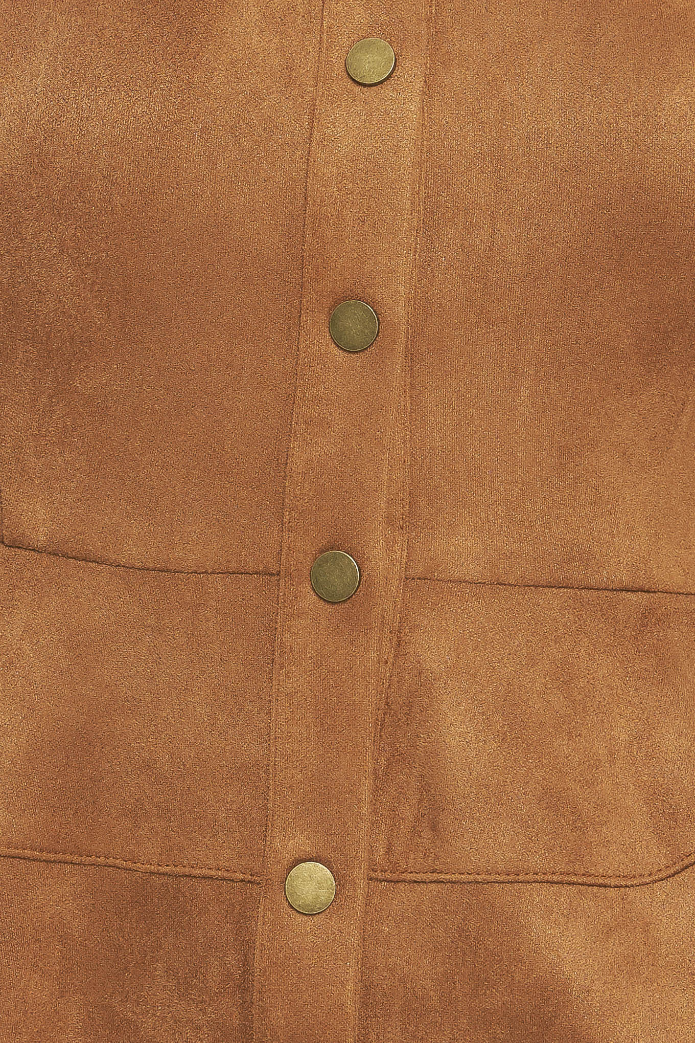A faux suede top featuring collar, long sleeve, front button down and peplum.