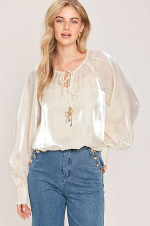 ETERNAL PEARL CHARM WOVEN PEASANT TOP