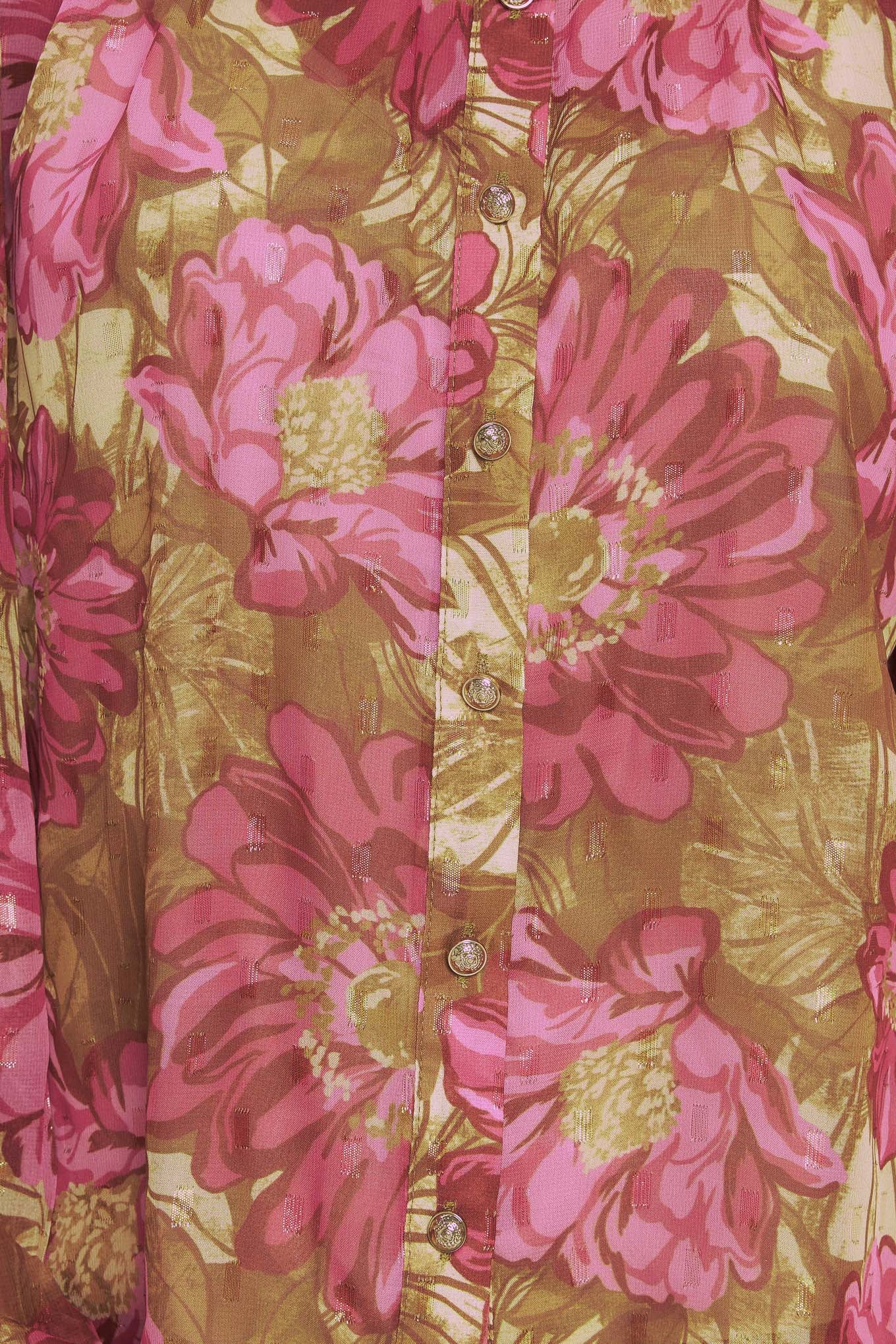 A printed woven top featuring china collar, long sleeve, front button down
