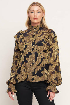 A jacquard woven top featuring high ruffled neckline, front button down, ruffle over shoulder and long sleeve with ruffled cuff