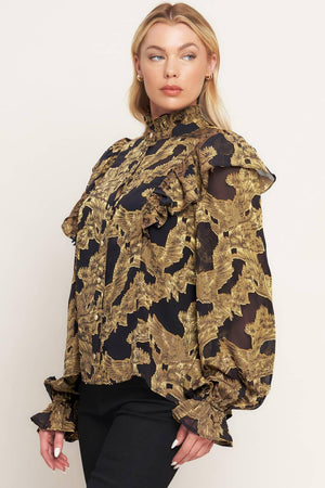 A jacquard woven top featuring high ruffled neckline, front button down, ruffle over shoulder and long sleeve with ruffled cuff