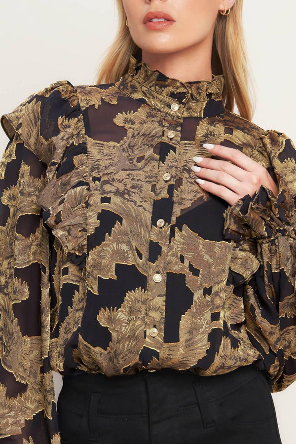 A jacquard woven top featuring high ruffled neckline, front button down, ruffle over shoulder and long sleeve with ruffled cuff