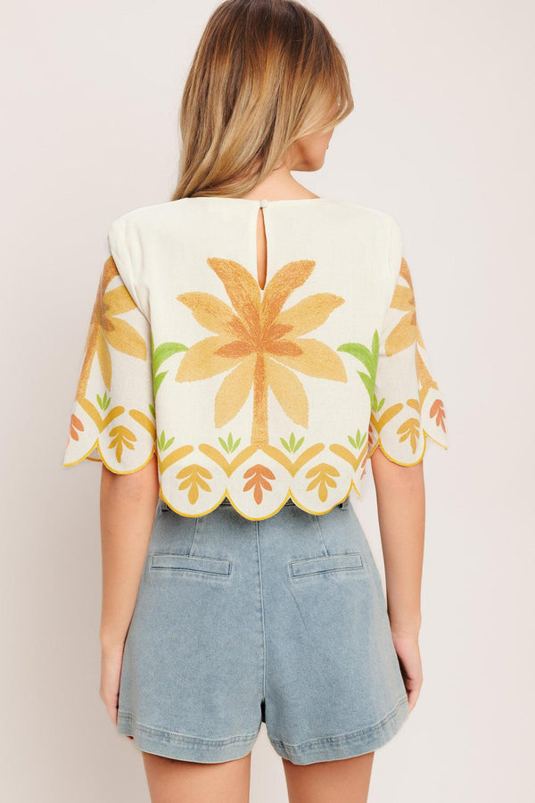 A printed woven crop top featuring round neckline, 3/4 sleeve with scalloped finish and back neck button closure

Details:

Self: 50% Cotton 20% Rayon 20% Polyester 10% Linen

Lining: 100% Polyester

Size & Fit

-Model is 5`8" And Wearing Size Small
-Measurements Taken From Size Small
-Approx. Length: 18"