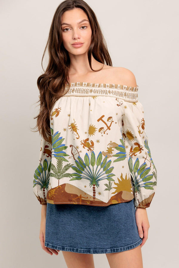 Off-the-shoulder boho blouse with a whimsical zodiac-inspired print and billowy sleeves

Details:

Self : 100% Cotton

Size & Fit

- Model is 5`8" And Wearing Size Small
- Measurements Taken From Size Small
- Approx. Length: 20"