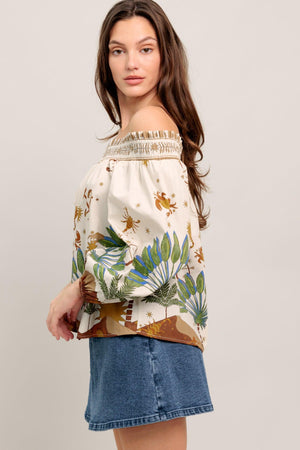 Off-the-shoulder boho blouse with a whimsical zodiac-inspired print and billowy sleeves

Details:

Self : 100% Cotton

Size & Fit

- Model is 5`8" And Wearing Size Small
- Measurements Taken From Size Small
- Approx. Length: 20"
