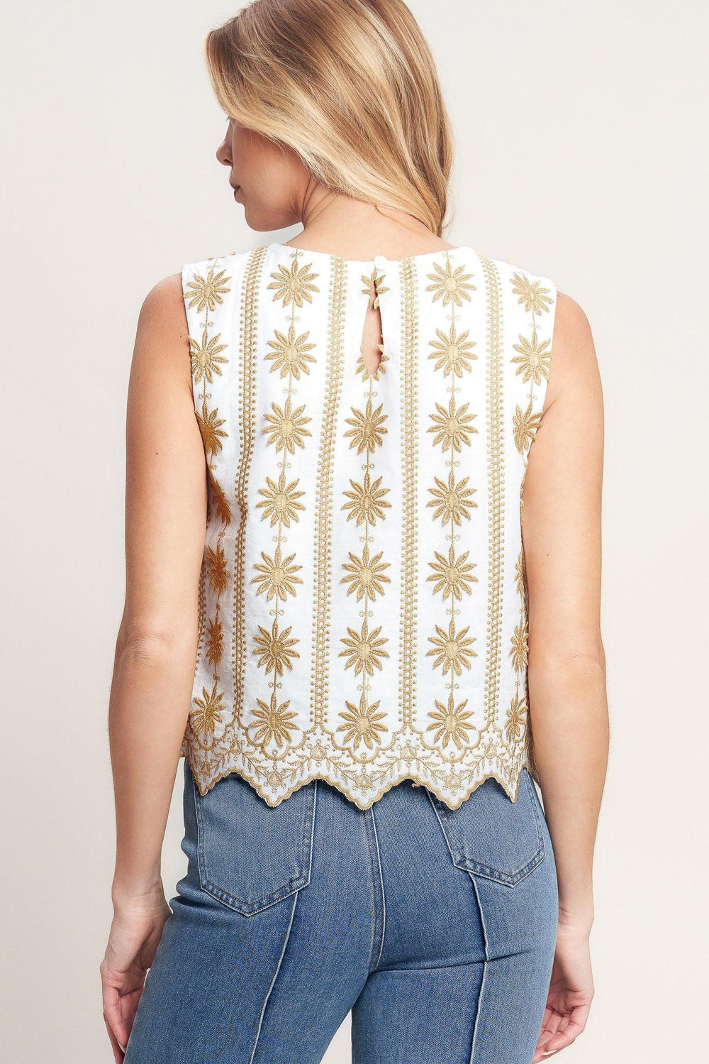 A woven embroidered top featuring round neckline, sleeveless and back neck button closure

Details:

Self: 100% Cotton

Lining: 100% Polyester

Size & Fit

-Model is 5`8" And Wearing Size Small
-Measurements Taken From Size Small
-Approx. Length: 21"