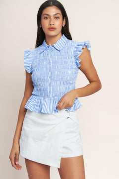 
A striped woven top featuring collar, ruffle sleeve, button down, smocked bodice and peplum

Details:

Self : 60% Cotton 40% Polyester

Size &amp; Fit

- Model is 5`8" And Wearing Size Small
- Measurements Taken From Size Small
- Approx. Length: 20" Flying Tomato