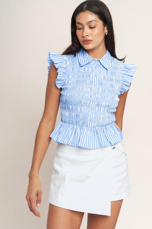 
A striped woven top featuring collar, ruffle sleeve, button down, smocked bodice and peplum

Details:

Self : 60% Cotton 40% Polyester

Size &amp; Fit

- Model is 5`8" And Wearing Size Small
- Measurements Taken From Size Small
- Approx. Length: 20" Flying Tomato