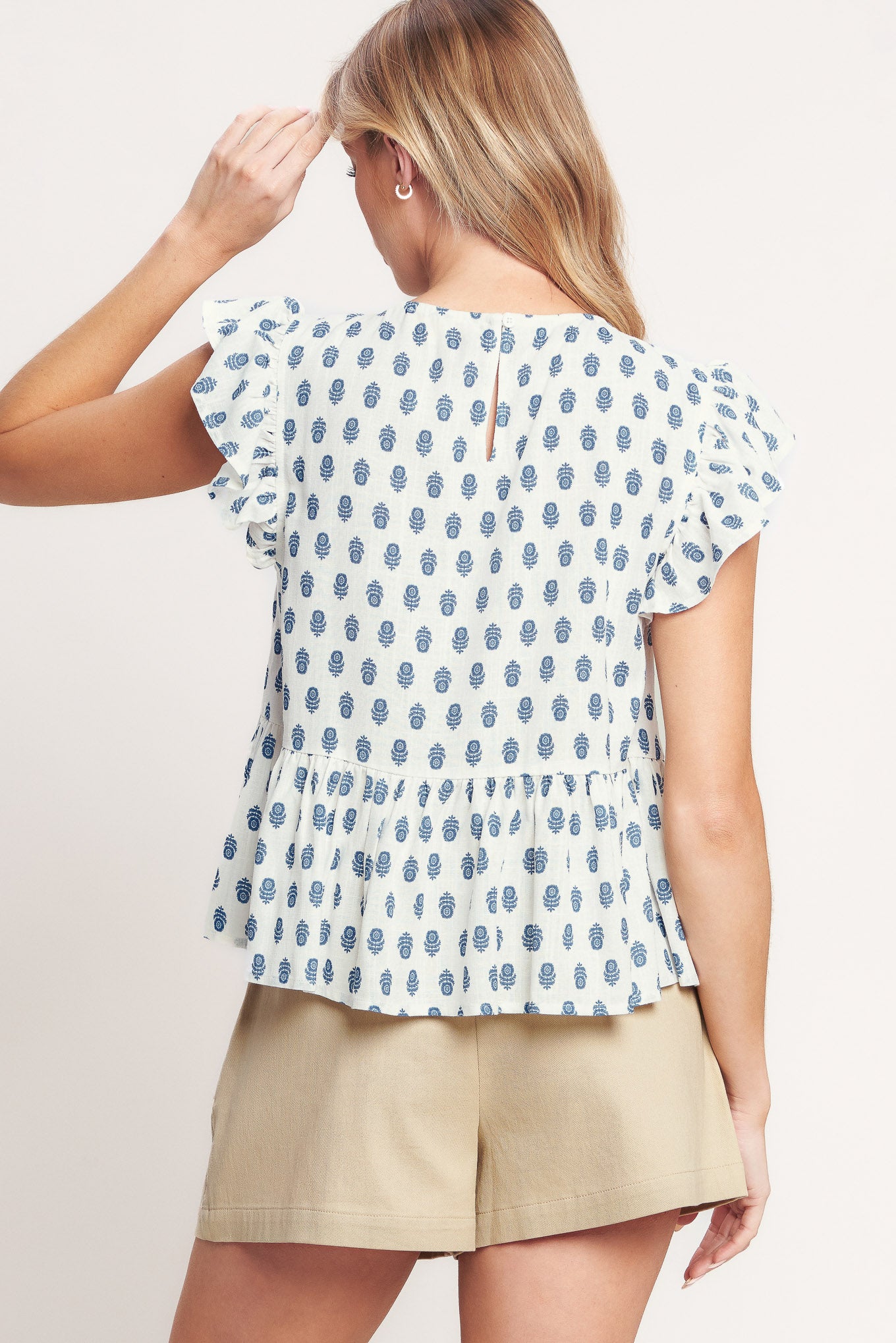 A printed woven top featuring round neckline, ruffle sleeve, lace inset and back neck button closure

Details:

Self: 70% Rayon 30% Linen

Size & Fit

- Model is 5`8" And Wearing Size Small
- Measurements Taken From Size Small
- Approx. Length: 23"