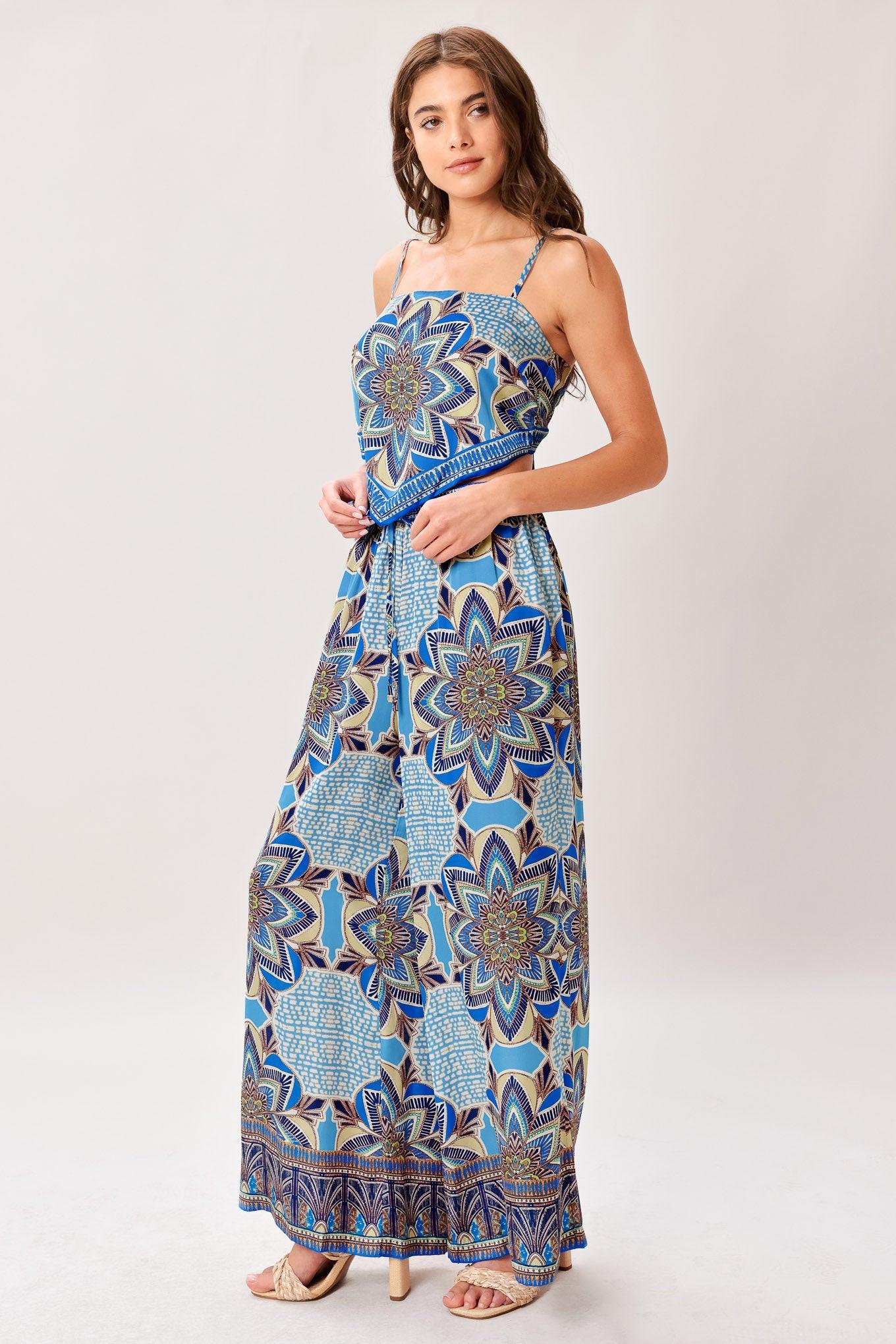 A printed woven scarf top and wide leg pant set