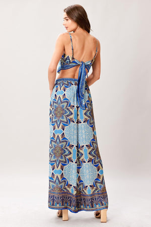 A printed woven scarf top and wide leg pant set