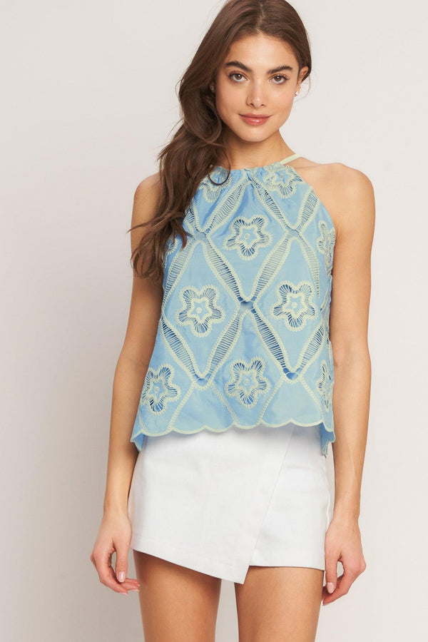 SKY LACE SUMMER HALTER WOVEN TOP.