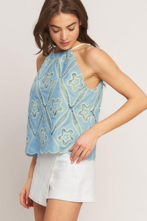 SKY LACE SUMMER HALTER WOVEN TOP.