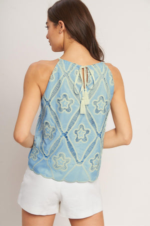 SKY LACE SUMMER HALTER WOVEN TOP.