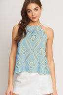 SKY LACE SUMMER HALTER WOVEN TOP.