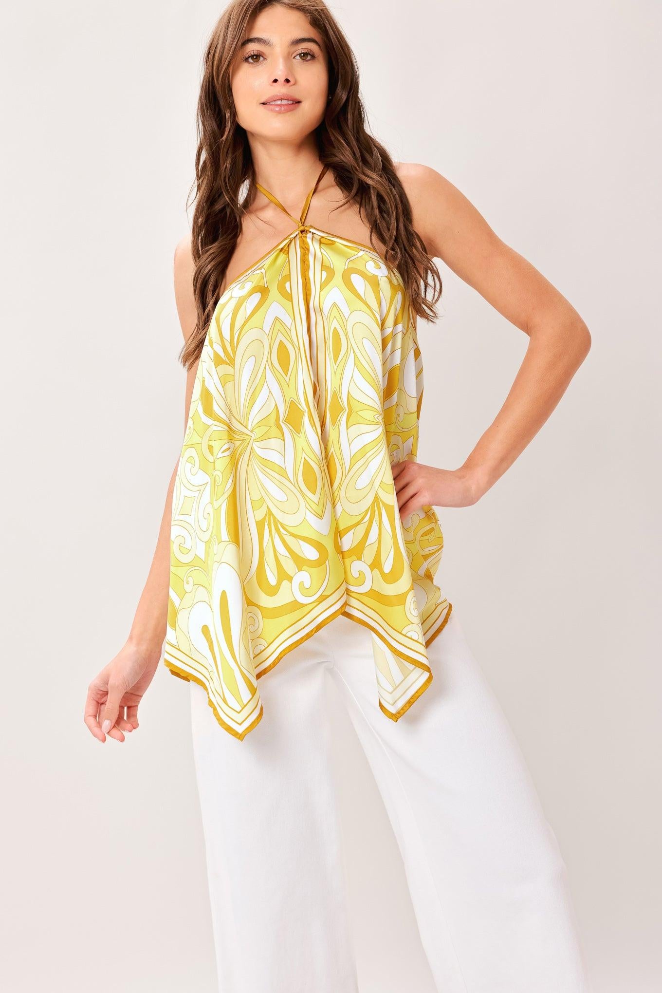 A printed woven hanky top with halter tie